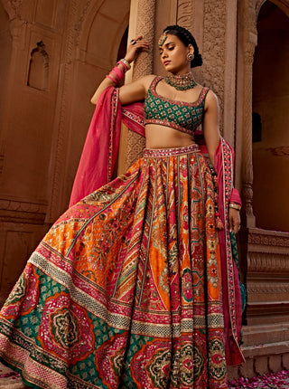 Aadhya Orange Multicolor Lehenga Set by Kalista, available on Indiaspopup.com