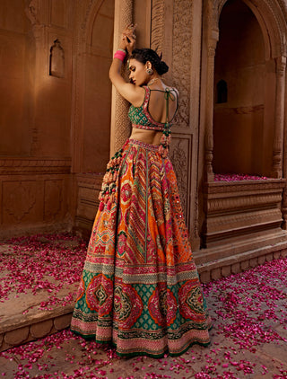 Aadhya Orange Multicolor Lehenga Set by Kalista, available on Indiaspopup.com