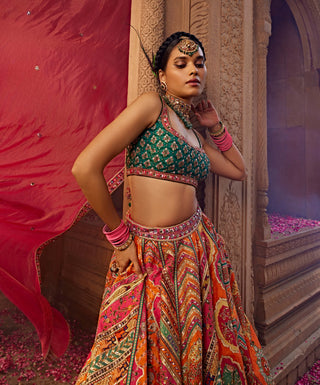 Aadhya Orange Multicolor Lehenga Set by Kalista, available on Indiaspopup.com