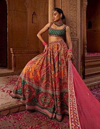 Aadhya Orange Multicolor Lehenga Set by Kalista, available on Indiaspopup.com