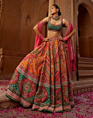 Aadhya Orange Multicolor Lehenga Set by Kalista, available on Indiaspopup.com