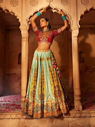 Kimaya Paisley Sky Blue Lehenga Set by Kalista, available on Indiaspopup.com