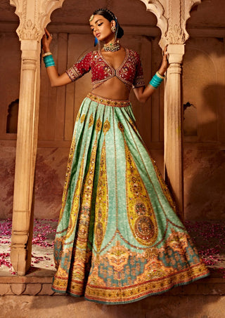 Kimaya Paisley Sky Blue Lehenga Set by Kalista, available on Indiaspopup.com