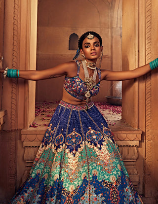 Mehvish Blue Lehenga Set by Kalista, available on Indiaspopup.com