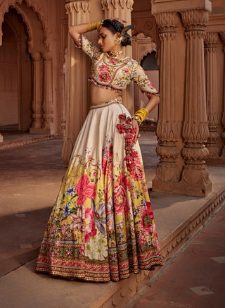 Manya Beige Floral Lehenga Set by Kalista, available on Indiaspopup.com