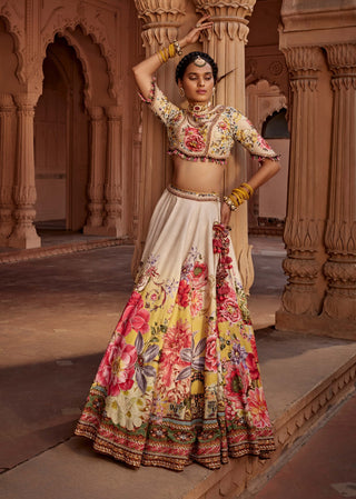 Manya Beige Floral Lehenga Set by Kalista, available on Indiaspopup.com