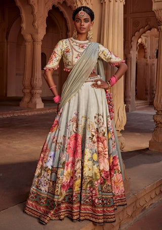 Manya Aqua Floral Lehenga Set by Kalista, available on Indiaspopup.com