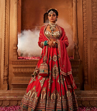 Zaina Crimson Red Lehenga Set by Kalista, available on Indiaspopup.com