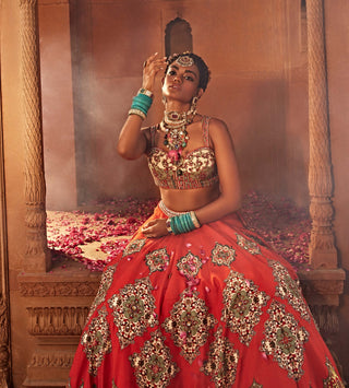 Zaina Crimson Red Lehenga Set by Kalista, available on Indiaspopup.com