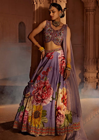 Gushaad Lilac Floral Lehenga Set by Kalista, available on Indiaspopup.com