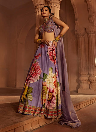 Gushaad Lilac Floral Lehenga Set by Kalista, available on Indiaspopup.com