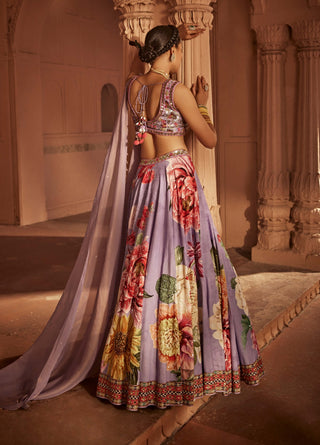 Gushaad Lilac Floral Lehenga Set by Kalista, available on Indiaspopup.com