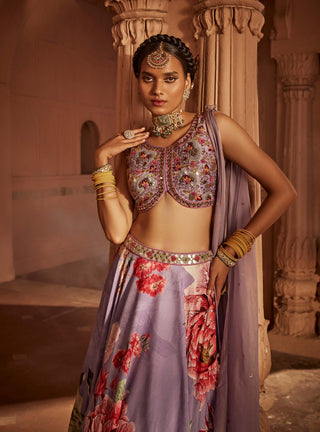 Gushaad Lilac Floral Lehenga Set by Kalista, available on Indiaspopup.com