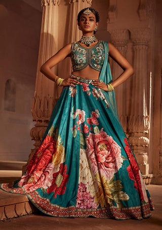 Gushaad Teal Blue Floral Lehenga Set by Kalista, available on Indiaspopup.com