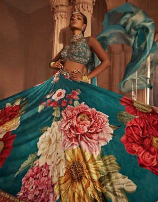 Gushaad Teal Blue Floral Lehenga Set by Kalista, available on Indiaspopup.com