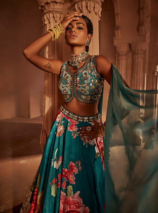 Gushaad Teal Blue Floral Lehenga Set by Kalista, available on Indiaspopup.com