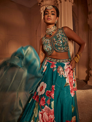 Gushaad Teal Blue Floral Lehenga Set by Kalista, available on Indiaspopup.com