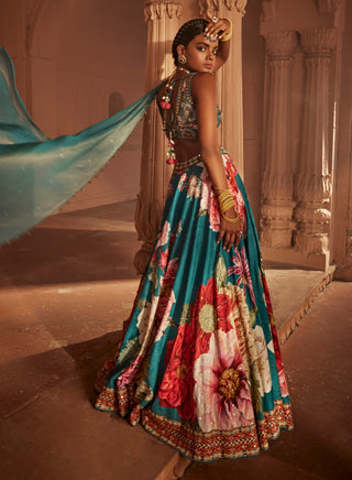 Gushaad Teal Blue Floral Lehenga Set by Kalista, available on Indiaspopup.com