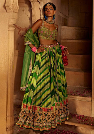 Leher Green Geometrical Lehenga Set by Kalista, available on Indiaspopup.com