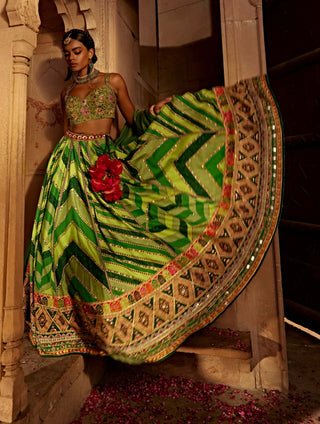 Leher Green Geometrical Lehenga Set by Kalista, available on Indiaspopup.com