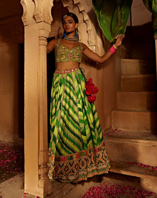 Leher Green Geometrical Lehenga Set by Kalista, available on Indiaspopup.com