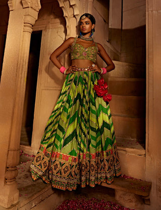 Leher Green Geometrical Lehenga Set by Kalista, available on Indiaspopup.com