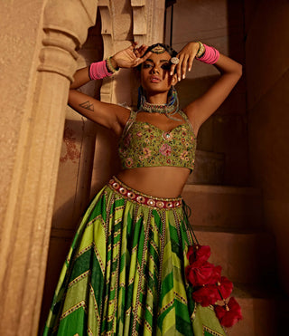 Leher Green Geometrical Lehenga Set by Kalista, available on Indiaspopup.com