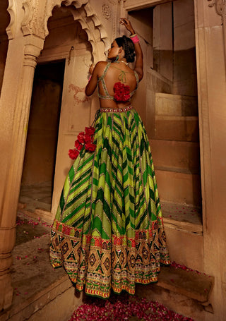 Leher Green Geometrical Lehenga Set by Kalista, available on Indiaspopup.com