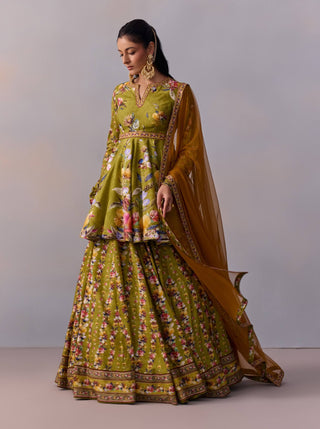 Taisha Olive Green Peplum And Lehenga Set by Kalista available on Indiaspopup.com