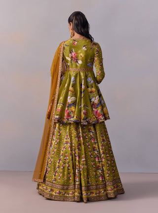 Taisha Olive Green Peplum And Lehenga Set by Kalista available on Indiaspopup.com