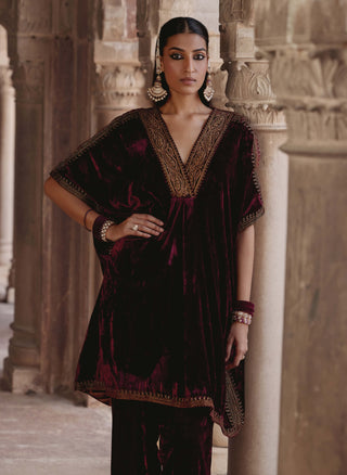 Zohra Maroon Kaftan And Pants by Kalista available on Indiaspopup