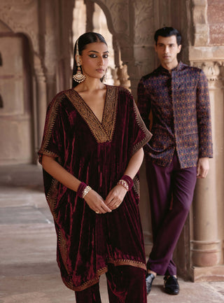 Zohra Maroon Kaftan And Pants by Kalista available on Indiaspopup