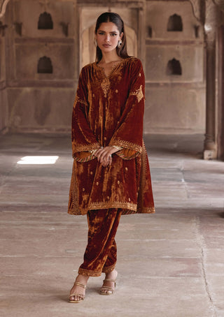 Anam Golden Brown Kaftan And Pants by Kalista available on Indiaspopup