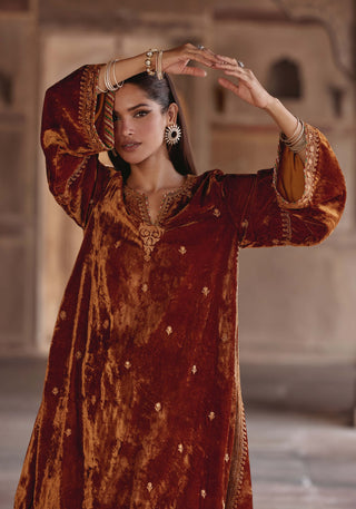 Anam Golden Brown Kaftan And Pants by Kalista available on Indiaspopup