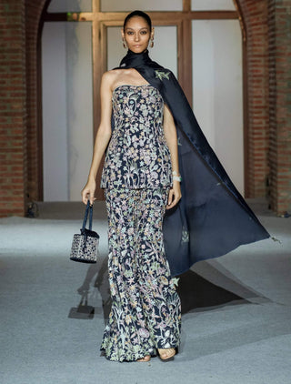 Navy blue caradonna off-shoulder top and sharara set