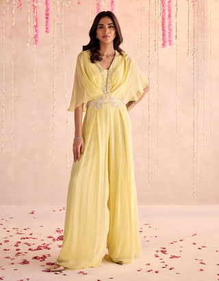 Lemon yellow embellished draped pleated jumpsuit