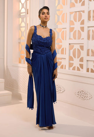 Indira sapphire draped skirt and top set