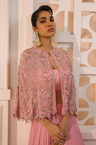 Nayantara rose bustier skirt and cape set