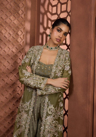 Nandini olive green jacket blouse and pant set
