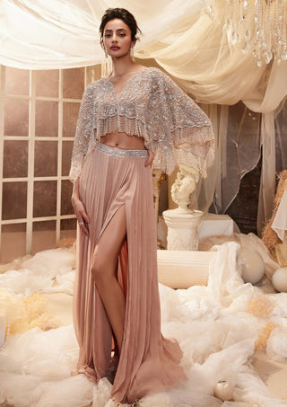 Lyana Dusty Pink Kaftan Cape And Skirt Set by Roqa, available on Indiaspopup.com