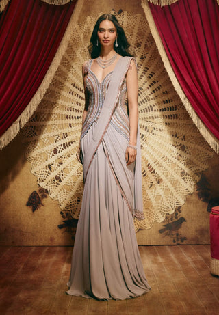 Lydia grey drape sari gown