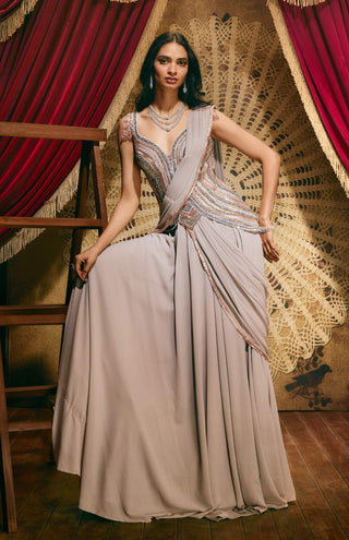 Lydia grey drape sari gown