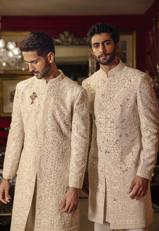 Aurenic eggwhite embroidered sherwani set