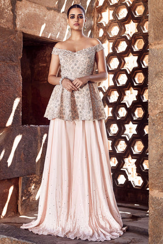 Blush Faded Nostalgia Couture Peplum And Sharara Set by Matsya available on Indiaspopup.com