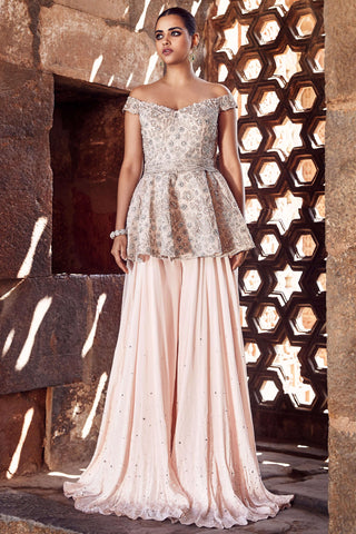 Blush Faded Nostalgia Couture Peplum And Sharara Set by Matsya available on Indiaspopup.com