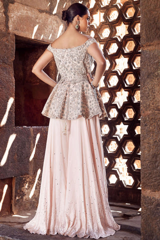 Blush Faded Nostalgia Couture Peplum And Sharara Set by Matsya available on Indiaspopup.com