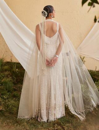 Pearl white embroidered gown and cape dupatta