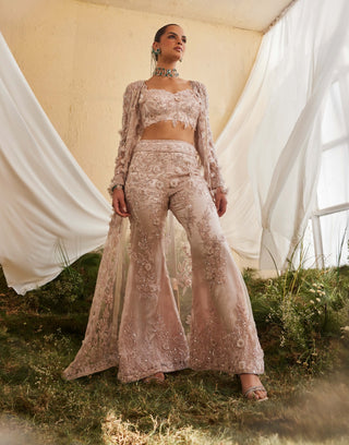Fern blush rose long jacket, bustier and sharara set
