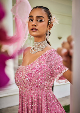 Mani Bhatia-Laverne Pink Peplum And Sharara Set-INDIASPOPUP.COM