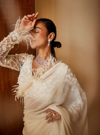Mani Bhatia-Nancy Ivory Feather Ruffle Sari And Blouse-INDIASPOPUP.COM